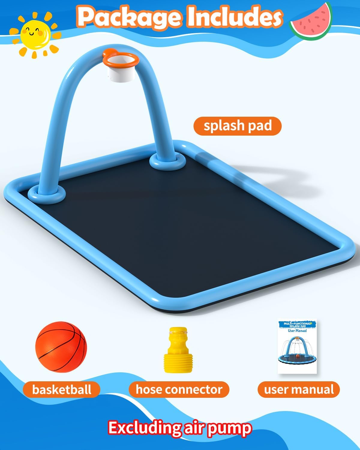 Splash Pad for Kids & Dogs, Large Sprinkler Pad Water Toys with Basketball Hoop, Thickened Non-Slip Splash Mat