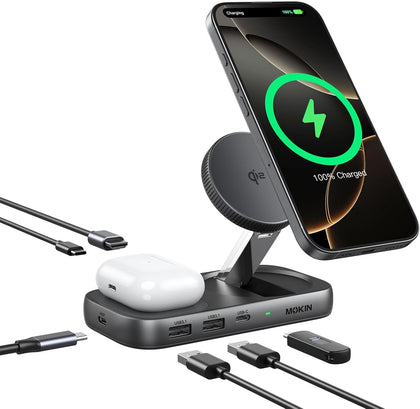 USB C Hub 15W Wireless Charger, Qi2 Certified Magsafe Charging Stand with 4K@60Hz HDMI, 100W PD, 10Gbps USB C/A, and