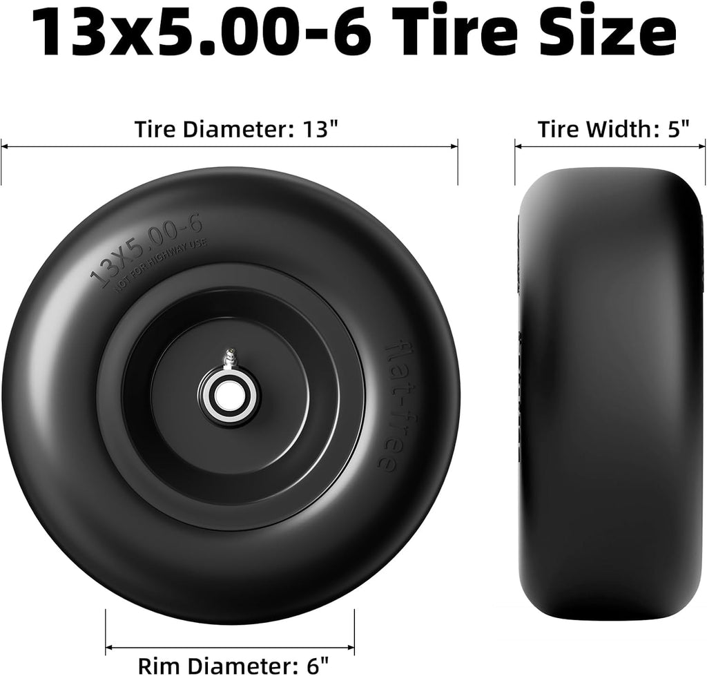 13x5.00-6 Flat Free Lawn Mower Tires and Wheel, for Zero Turn Mower | Universal 3/4", 5/8", 1/2" Bearings, 500 lbs