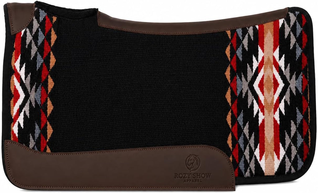 Premium Western Durrie Saddle Pad Black Southwestern Diamond Horse Saddle Blanket with Brown Leather Wear Panels |