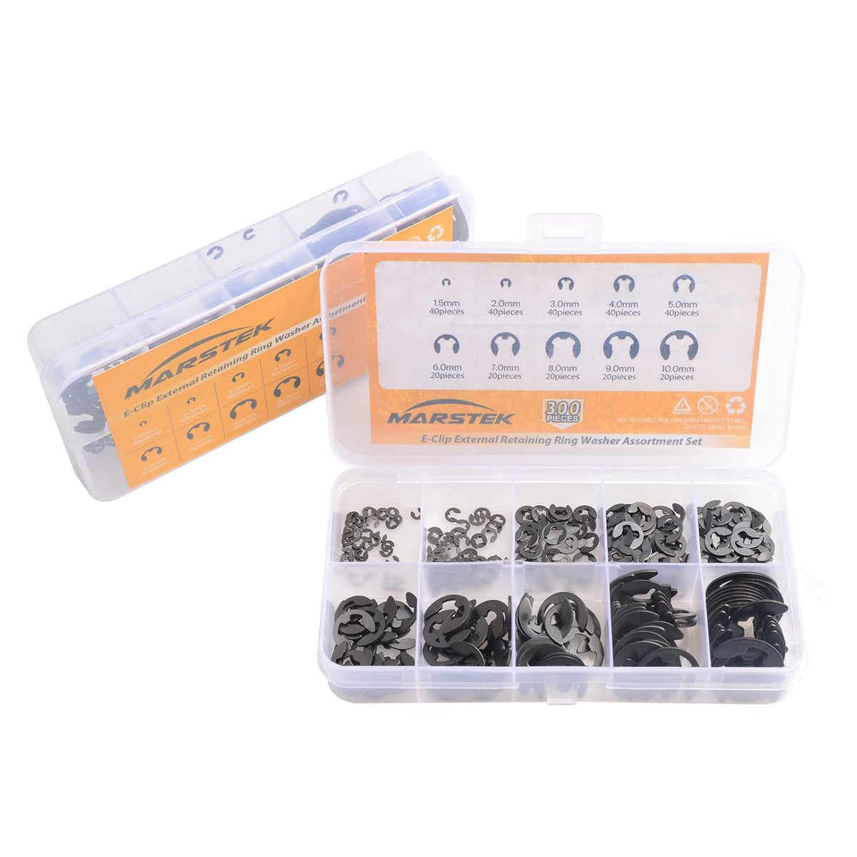 300Pcs Black Alloy Steel E Clip Assortment Kit E-Clip External Retaining Ring Assortment Set (M1.5-M10,300 PCS)