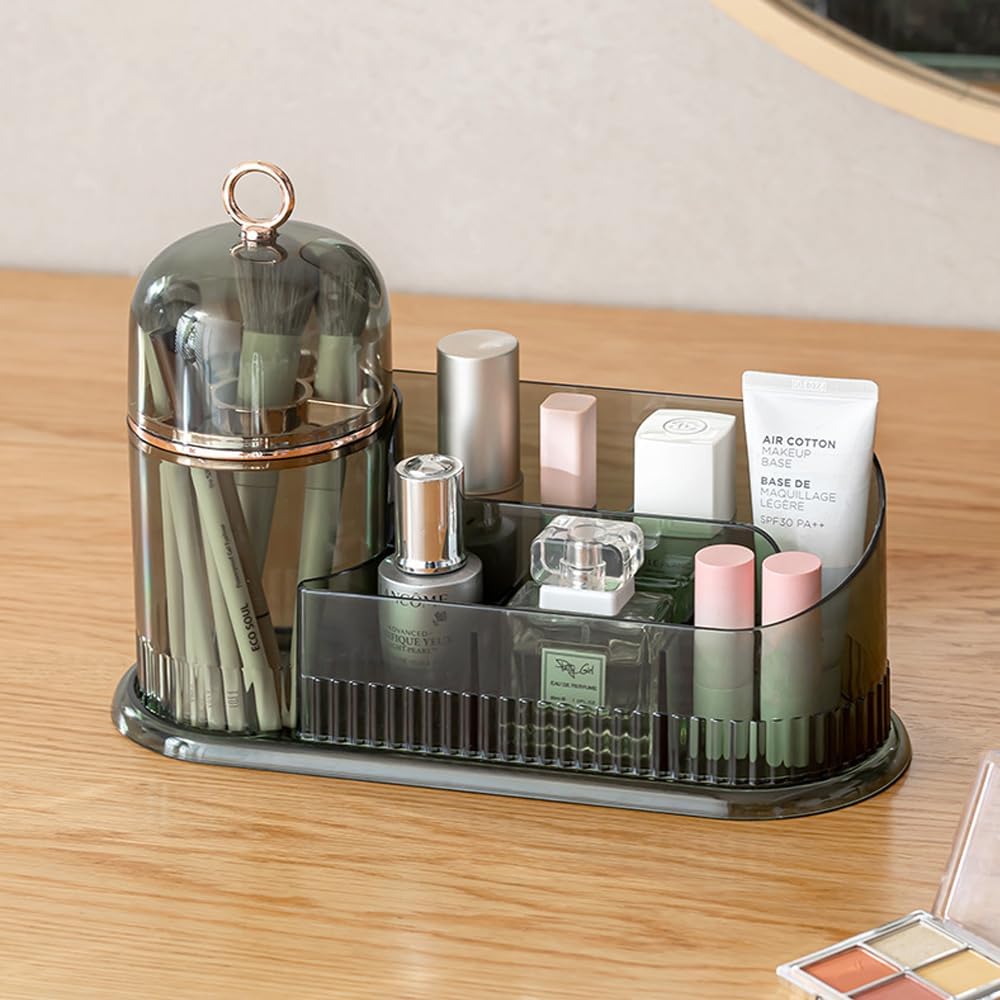 Makeup Organizer, Skincare Organizer with Brush Holder (Clear green)
