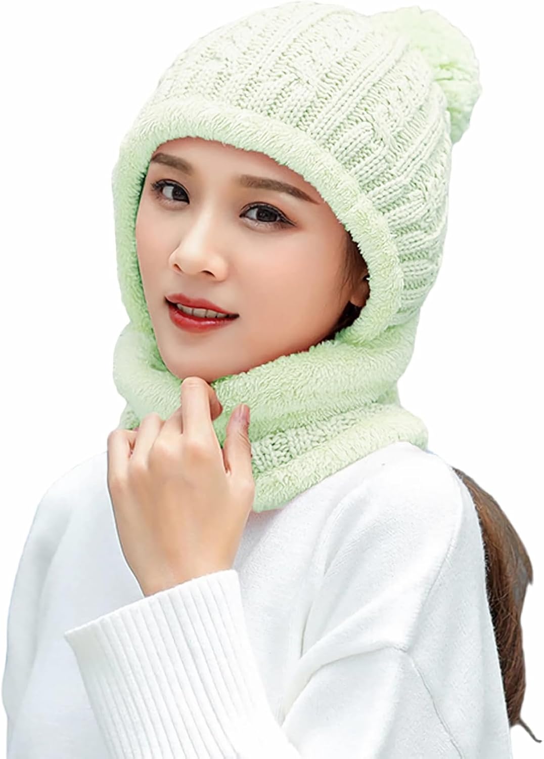 Women Winter Knit Beanie Hats One Piece Fleece Lined Balaclavas | Lady winter Earmuff Hooded Ski Snow Hat Pom Pom