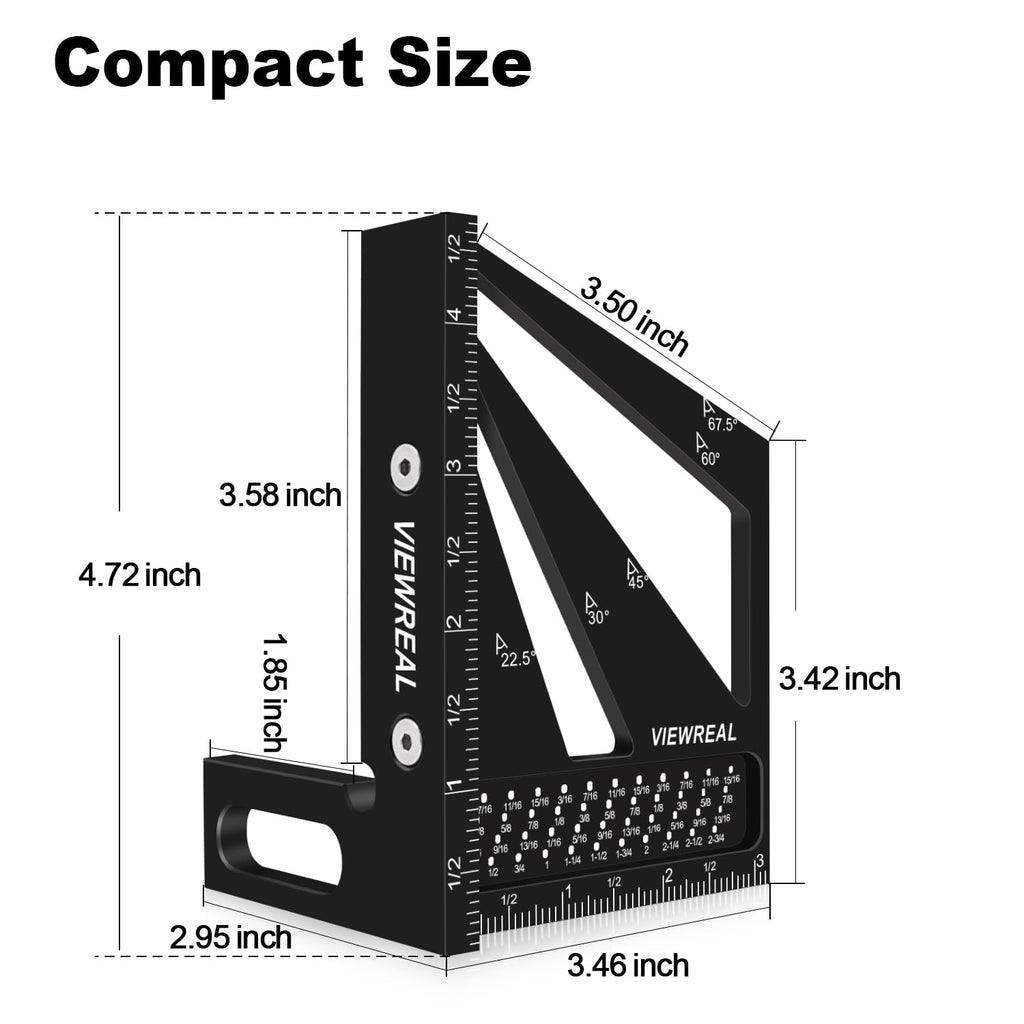 ViewReal Multi-Angle Measuring Ruler,3D Woodworking Square, 22.5-90 Degree Aluminum Alloy Protractor for Precision Carpentry, Engineering & DIY Projects, Laser Etched, Durable, Portable - Black