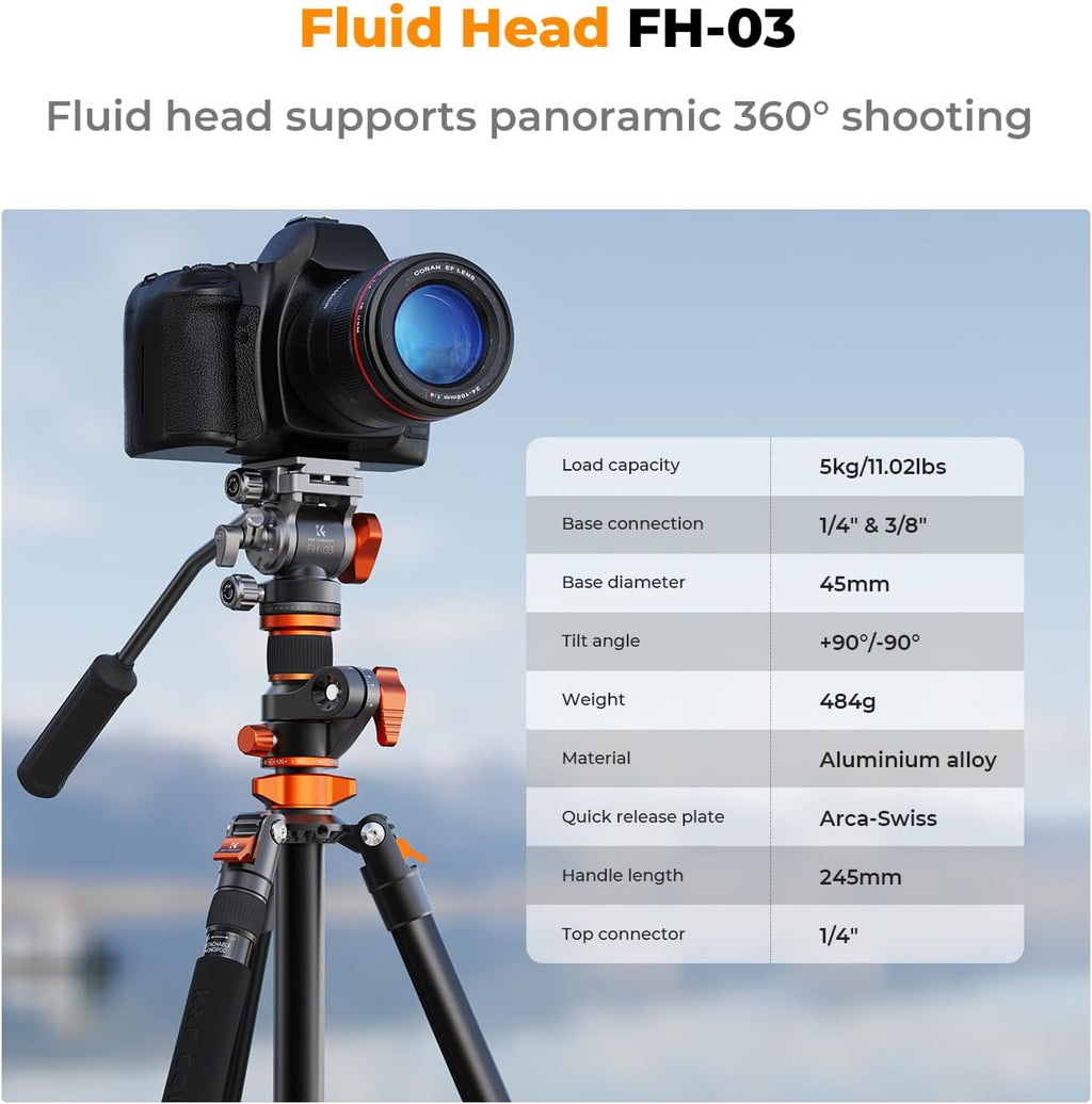 90''/230cm Horizontal Fluid Head Camera Tripod | Heavy Duty Overhead Shooting Video Tripods, Center Colmun