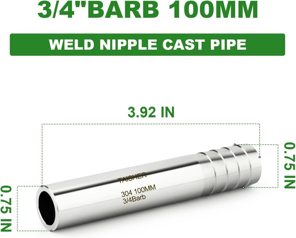 TAISHER 2PCS 304 Stainless Steel Pipe Fittings, 3/4" Barb, 4" Length Weld Nipple Cast Pipe