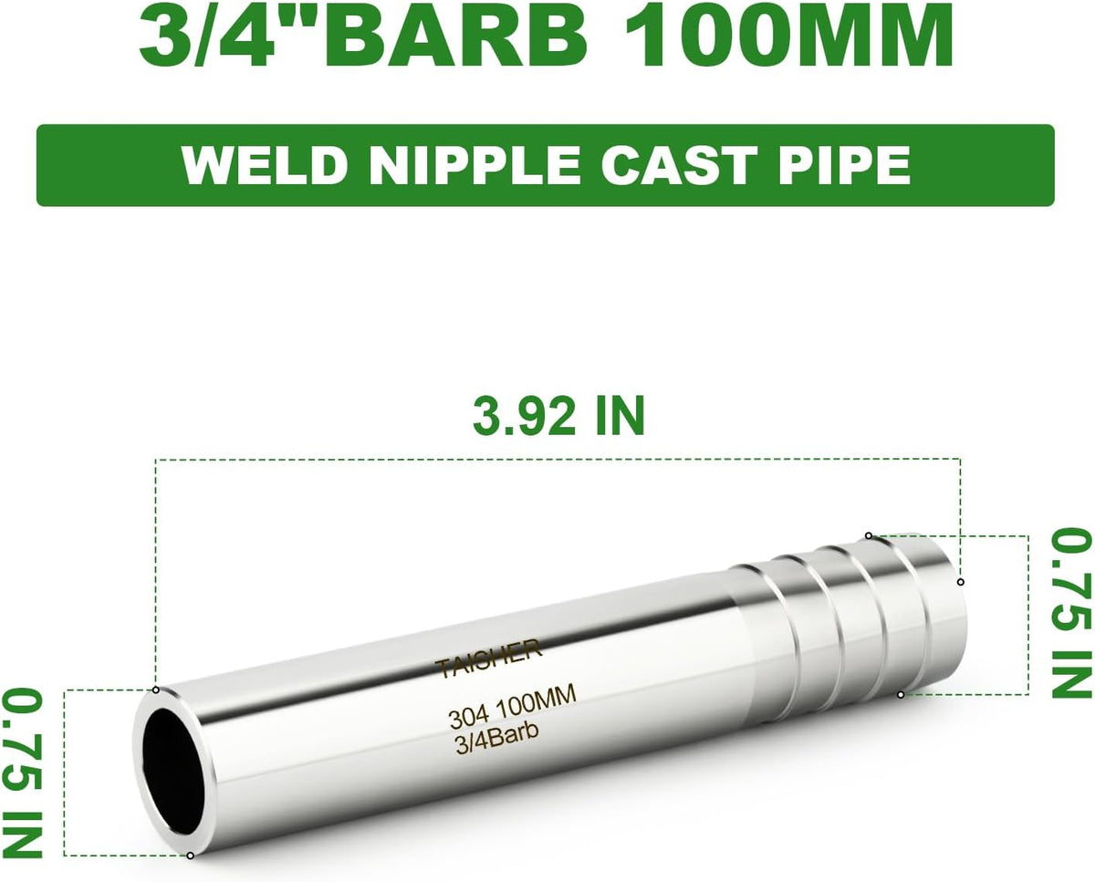 TAISHER 2PCS 304 Stainless Steel Pipe Fittings, 3/4" Barb, 4" Length Weld Nipple Cast Pipe