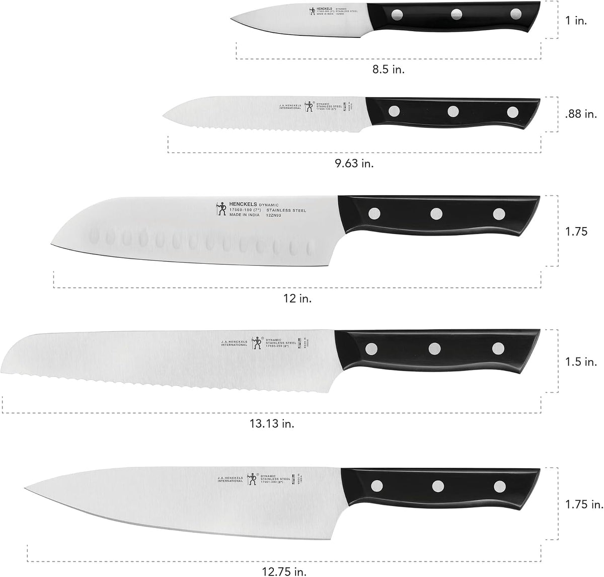 Dynamic 5-Pc Knife Set with Chef, Bread, Utility, Paring, Santoku