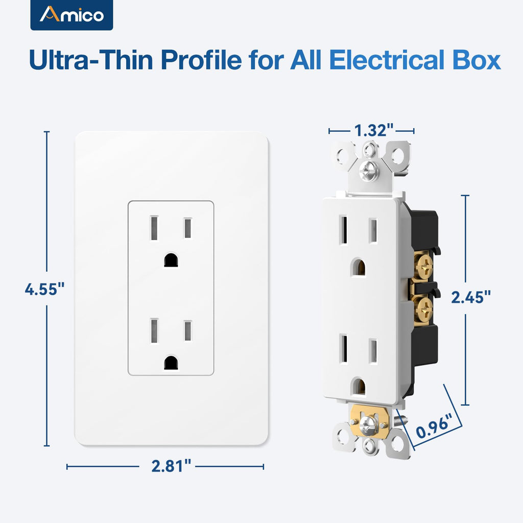 Amico 30 Pack 15 Amp Wall Outlets with Screwless Wall Plates