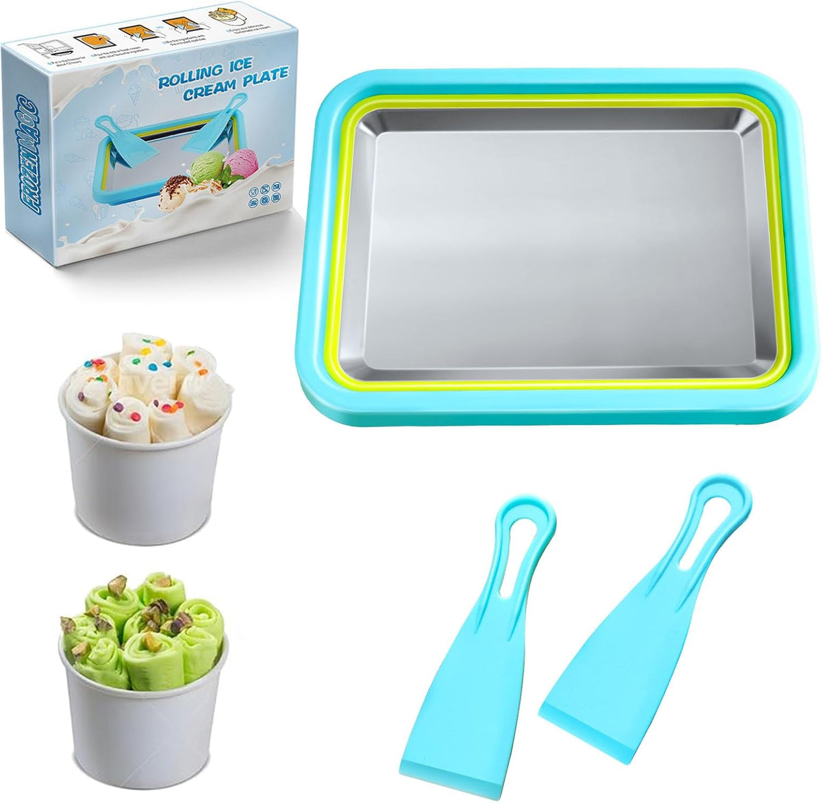 Rolled Ice Cream Maker, Stainless Steel Freezer Tray, Lake Blue