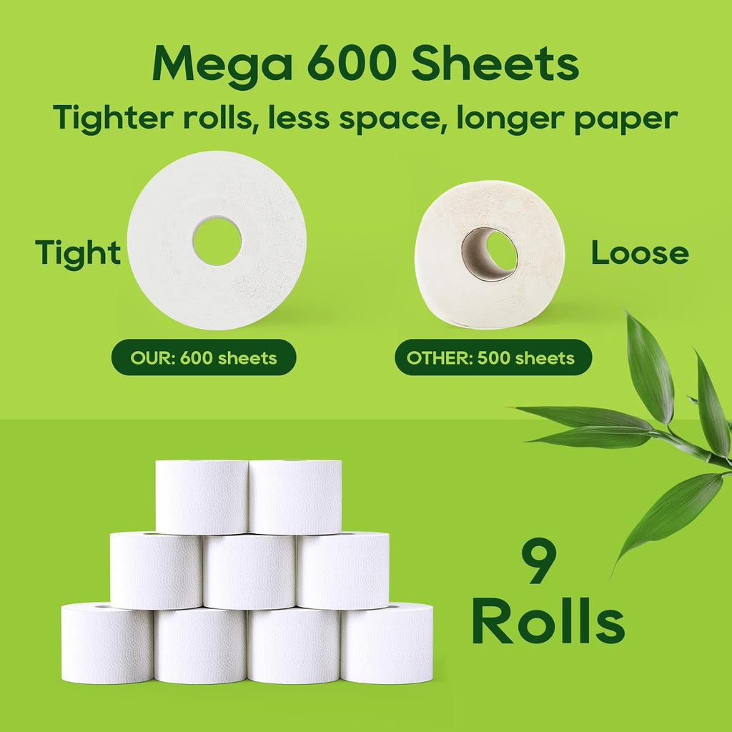 Bamboo Toilet Paper 2 Ply, 9 Mega Rolls, 600 Sheets, White