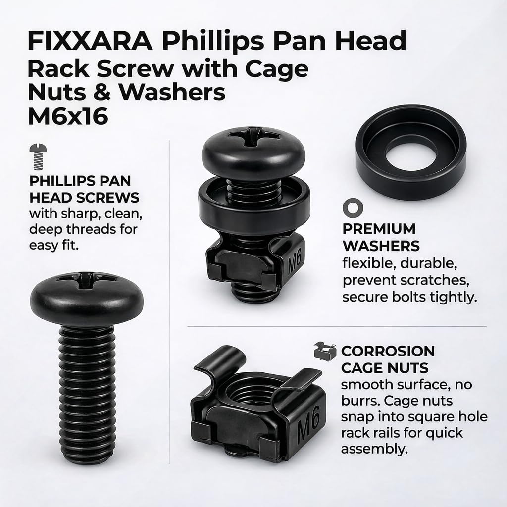 M6x16 Rack Mount Screws, Steel Cage Nuts & Nylon Washers, 50-Pack
