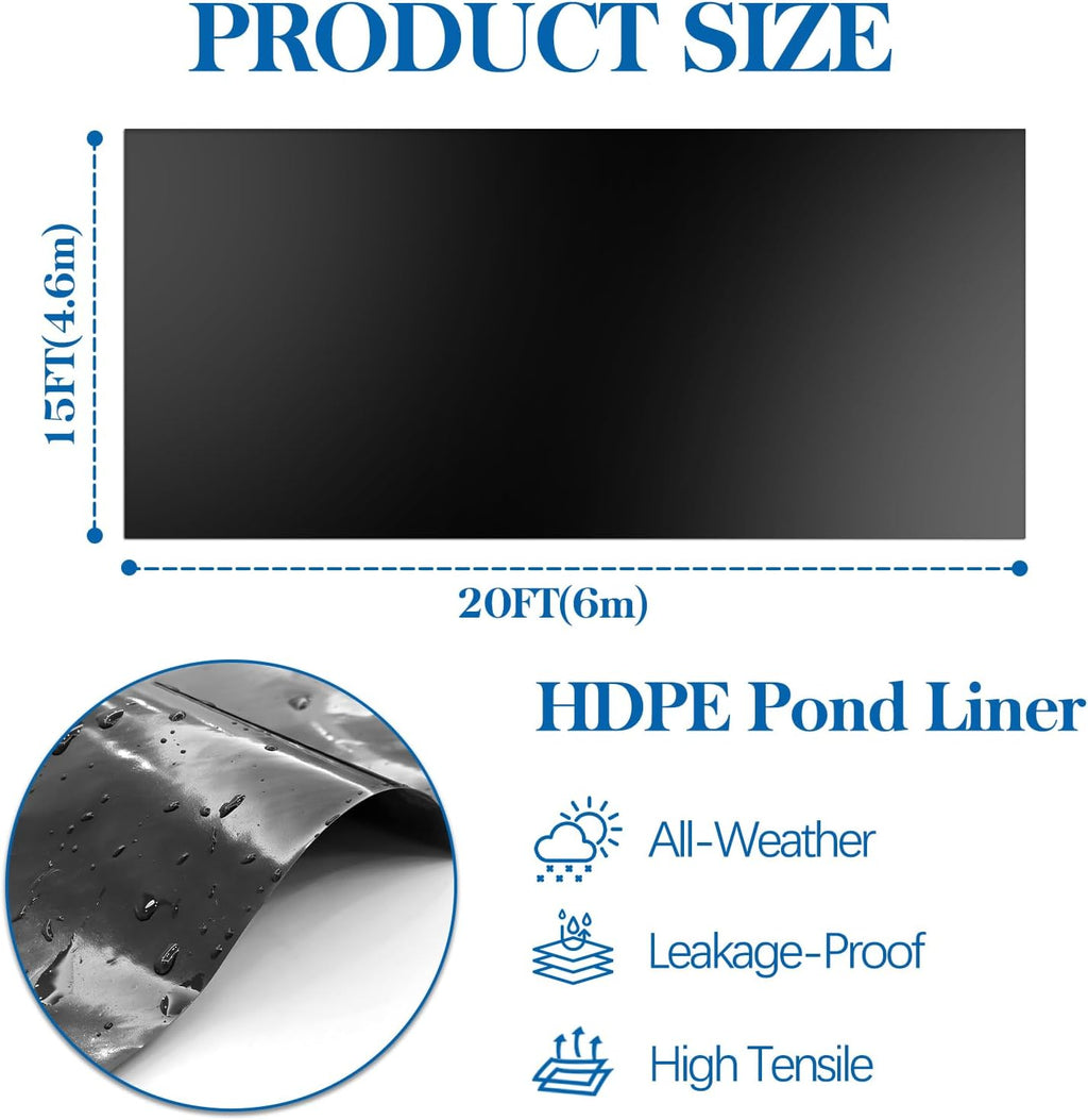 Pond Liner 15 x 20 FT, HDPE Pond Liners for Outdoor, Flexible & Durable Easy Cutting Pond Liners for Garden Fountain