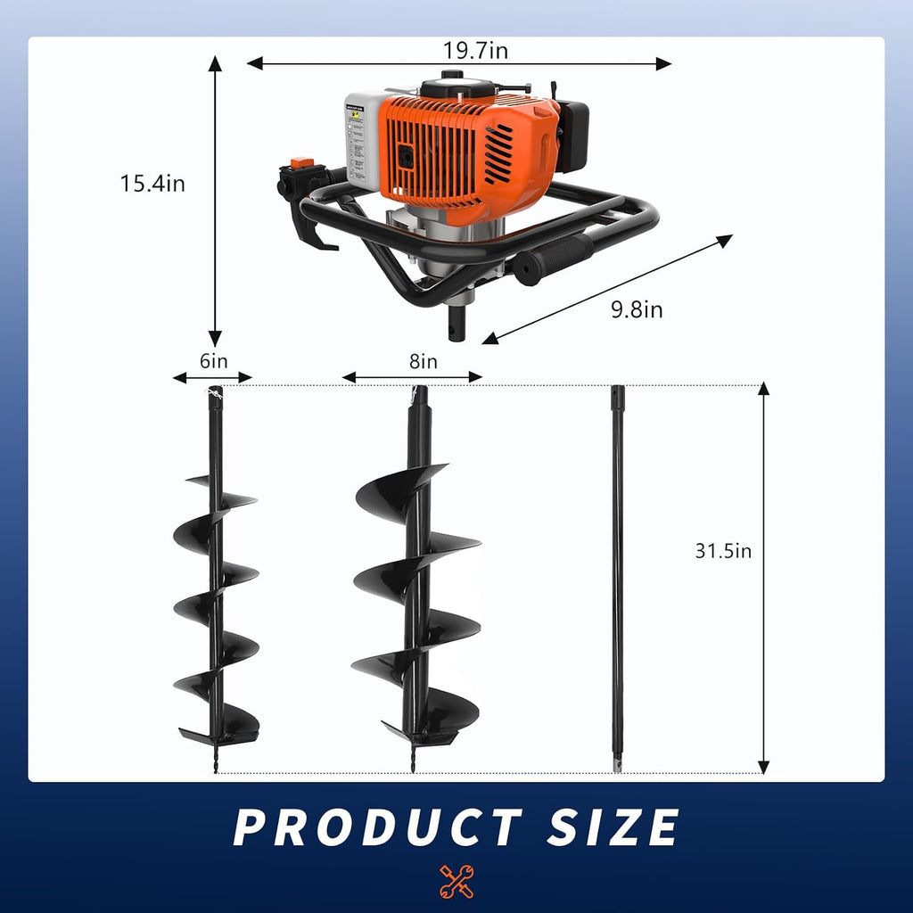 62cc 2-Stroke Auger Post Hole Digger with 2 Extension Rods & 6" & 8" Auger Bits - Gas Powered Earth Auger for