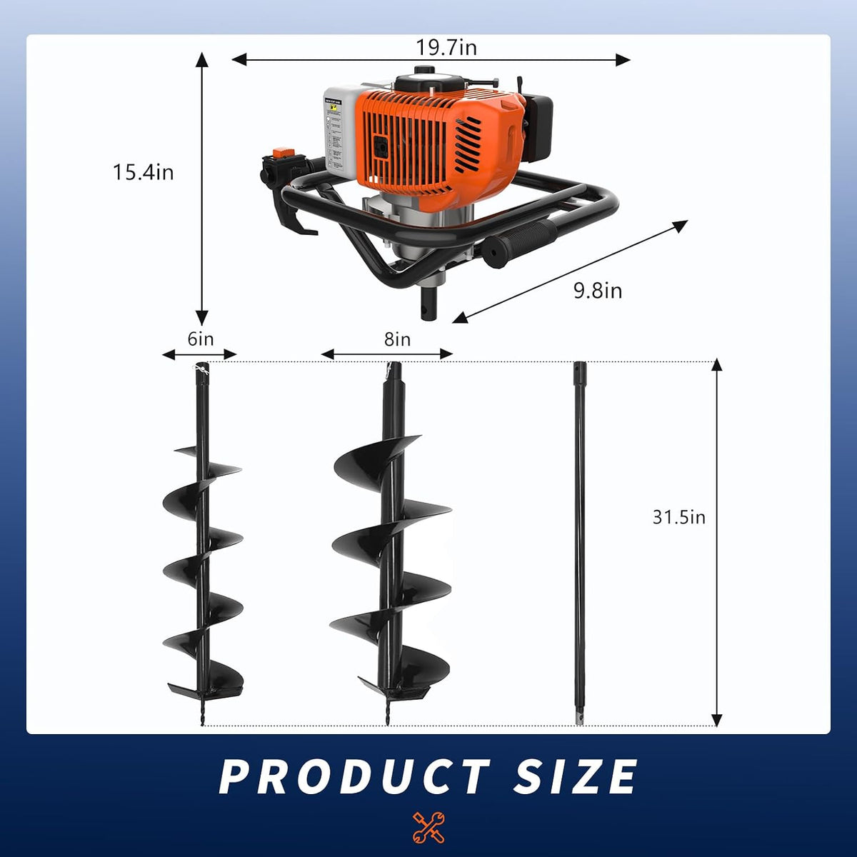62cc 2-Stroke Auger Post Hole Digger with 2 Extension Rods & 6" & 8" Auger Bits - Gas Powered Earth Auger for