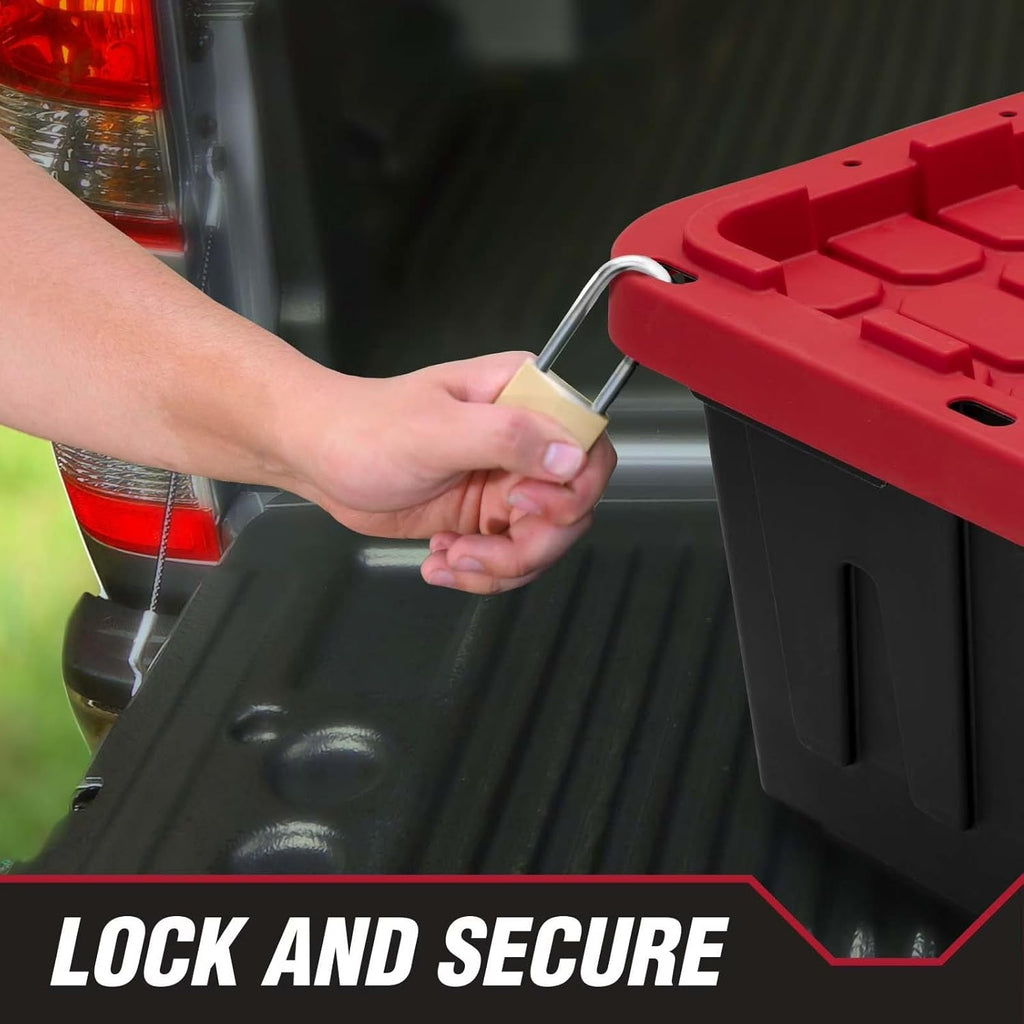 27 Gallon Heavy Duty Plastic Storage Bin with Snap Lid, Lockable, Stackable, Black and Red, 30.6 x 20.6 x 14.3 Inch