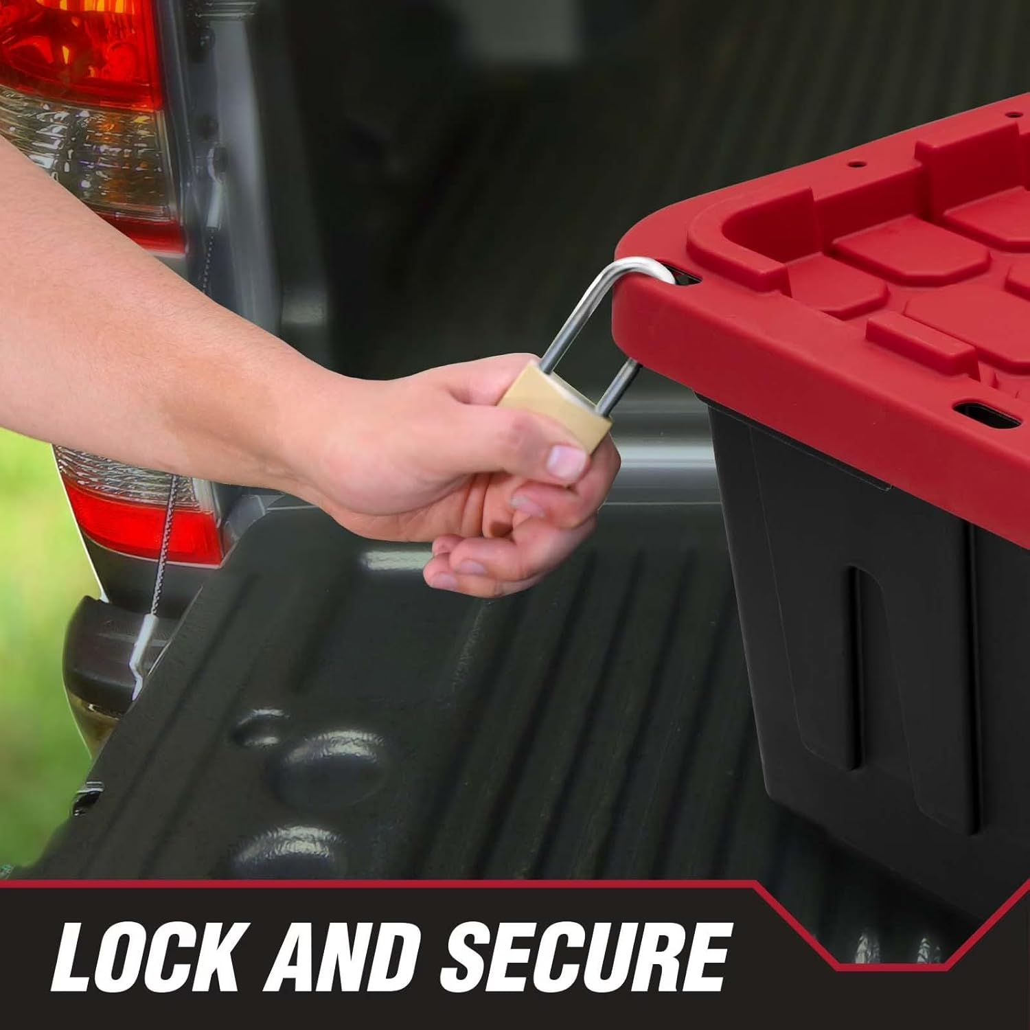 27 Gallon Heavy Duty Plastic Storage Bin with Snap Lid, Lockable, Stackable, Black and Red, 30.6 x 20.6 x 14.3 Inch