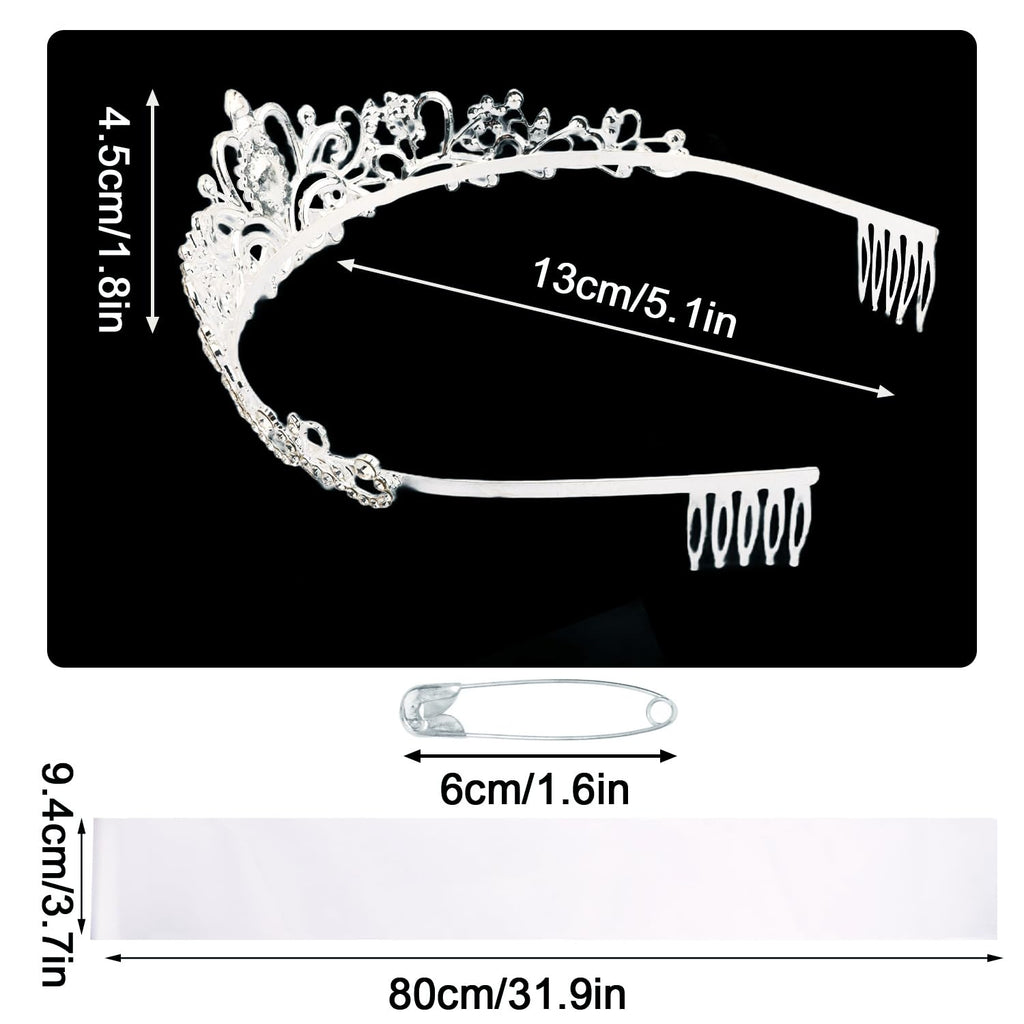 White Custom Sash Personized, Silver Tiara Crown with Blank Satin Sash & 4 Sheets Rhinestone Letters for Women Girls