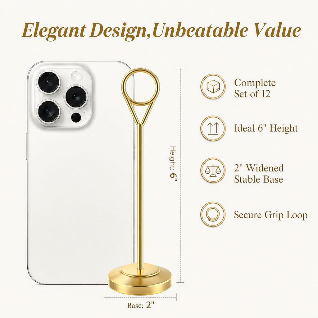 12 Pcs Gold Table Number Holders, 6 Inch Tall Place Card Holders for Table, Sturdy Photo Picture Holders with