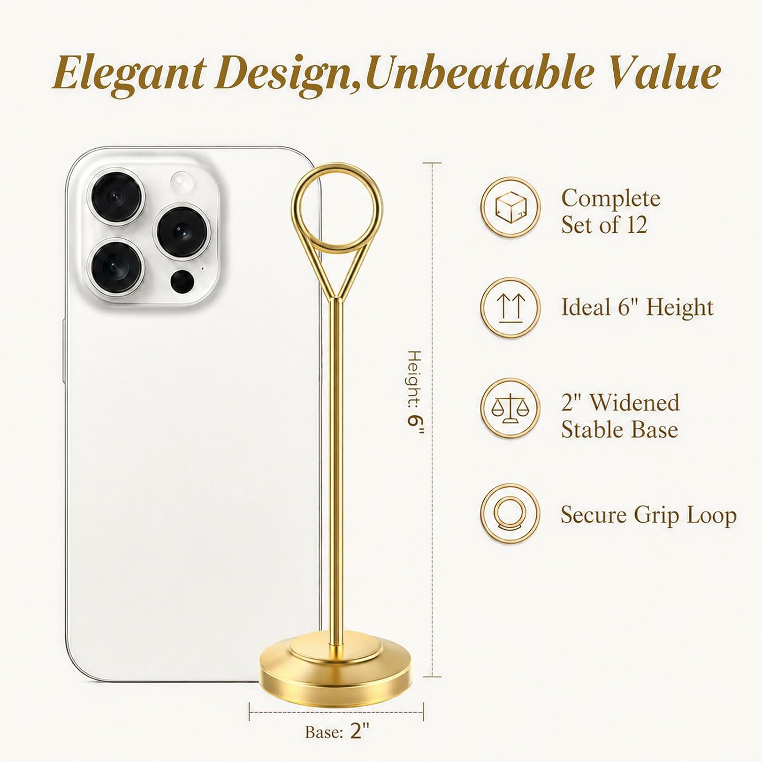 12 Pcs Gold Table Number Holders, 6 Inch Tall Place Card Holders for Table, Sturdy Photo Picture Holders with