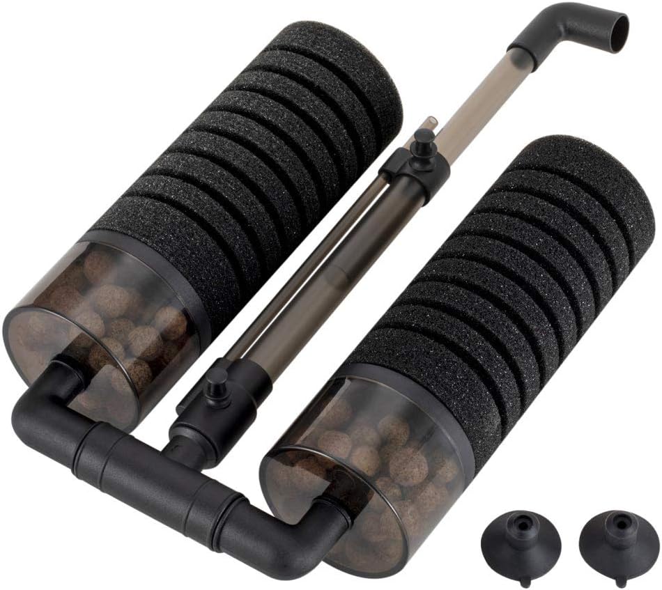 Aquarium Double Sponge Filter, Comes with 2 Spare Sponges, 1 Bag of Bio Ceramic Media Balls, Quiet Submersible Foam