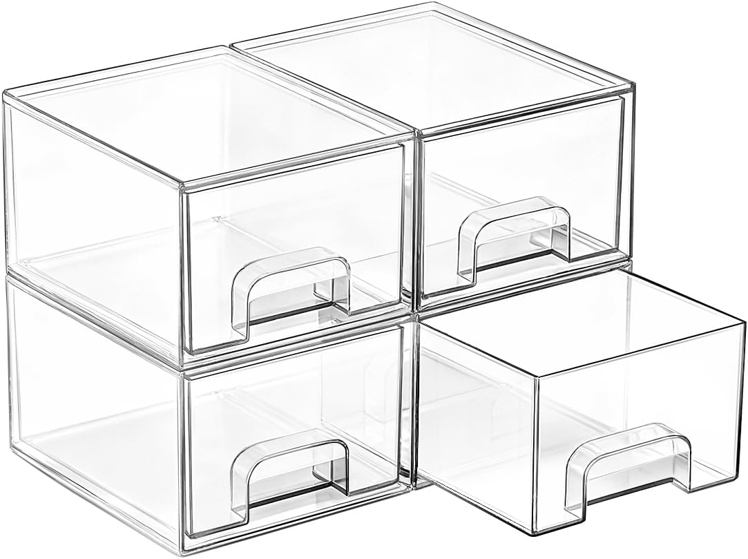 4 Pack Small Clear Stackable Storage Drawers,Acrylic Bathroom Makeup Organizer,Plastic Storage Bins For Vanity