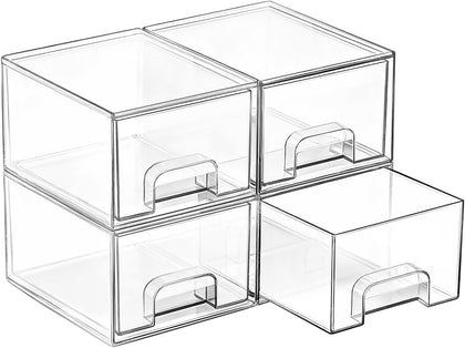 4 Pack Small Clear Stackable Storage Drawers,Acrylic Bathroom Makeup Organizer,Plastic Storage Bins For Vanity