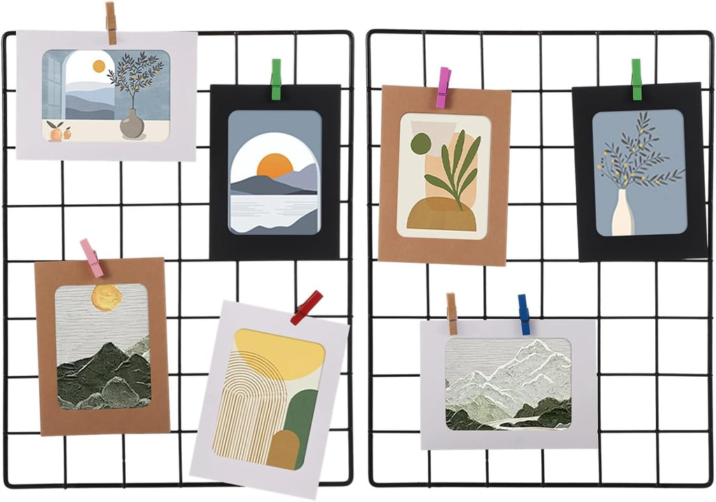 Wire Wall Grid Panel with Wall Grid Shelf with Photo Frames for Photo Display, Metal Mesh Message Board Memo Boards
