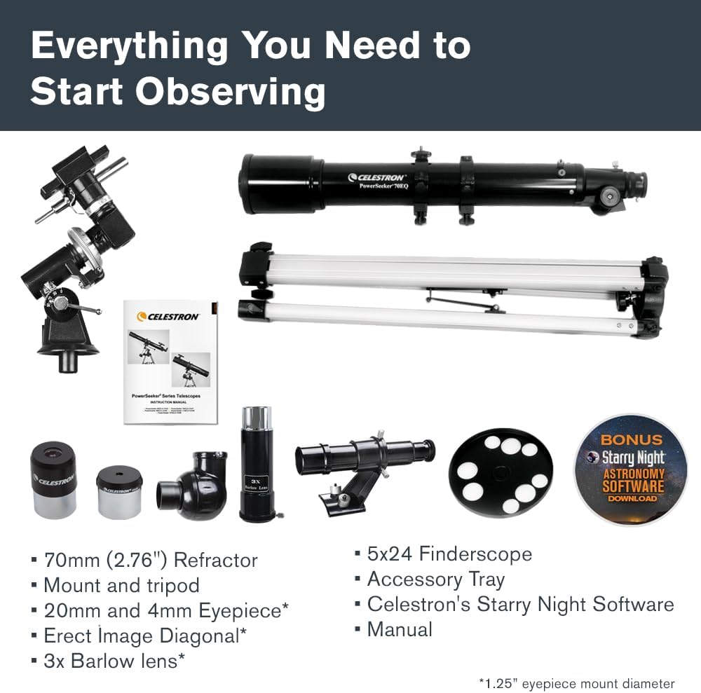 PowerSeeker 70EQ Refractor Telescope for Family Stargazing | Lightweight Refractor, Crisp Moon & Planet Views, Grab