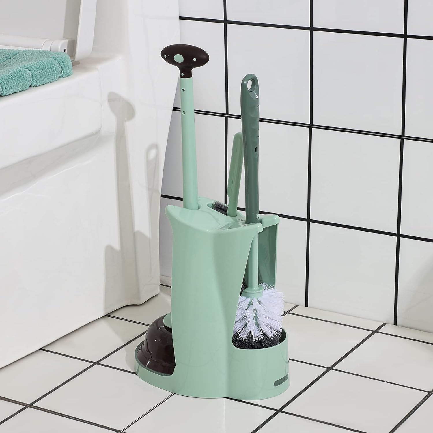 Toilet Brush and Plunger Set,Green 3 in 1 Bathroom Scrubber Plunger and Angled Toilet Bowl Brush & Scrubber Combo