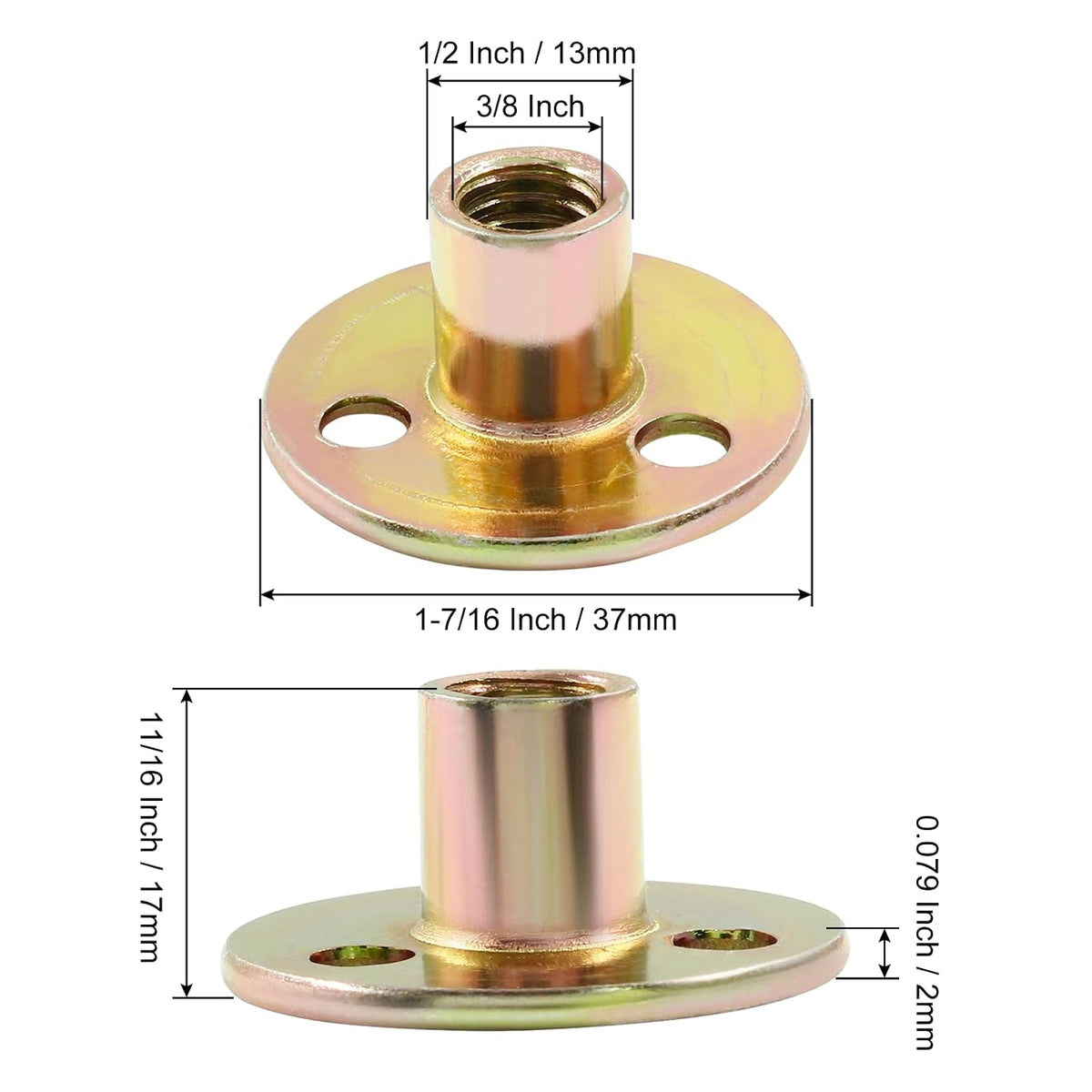 Hordion 12Pcs 3/8"-16 Carbon Steel T Nuts, Round Base Plate Nut