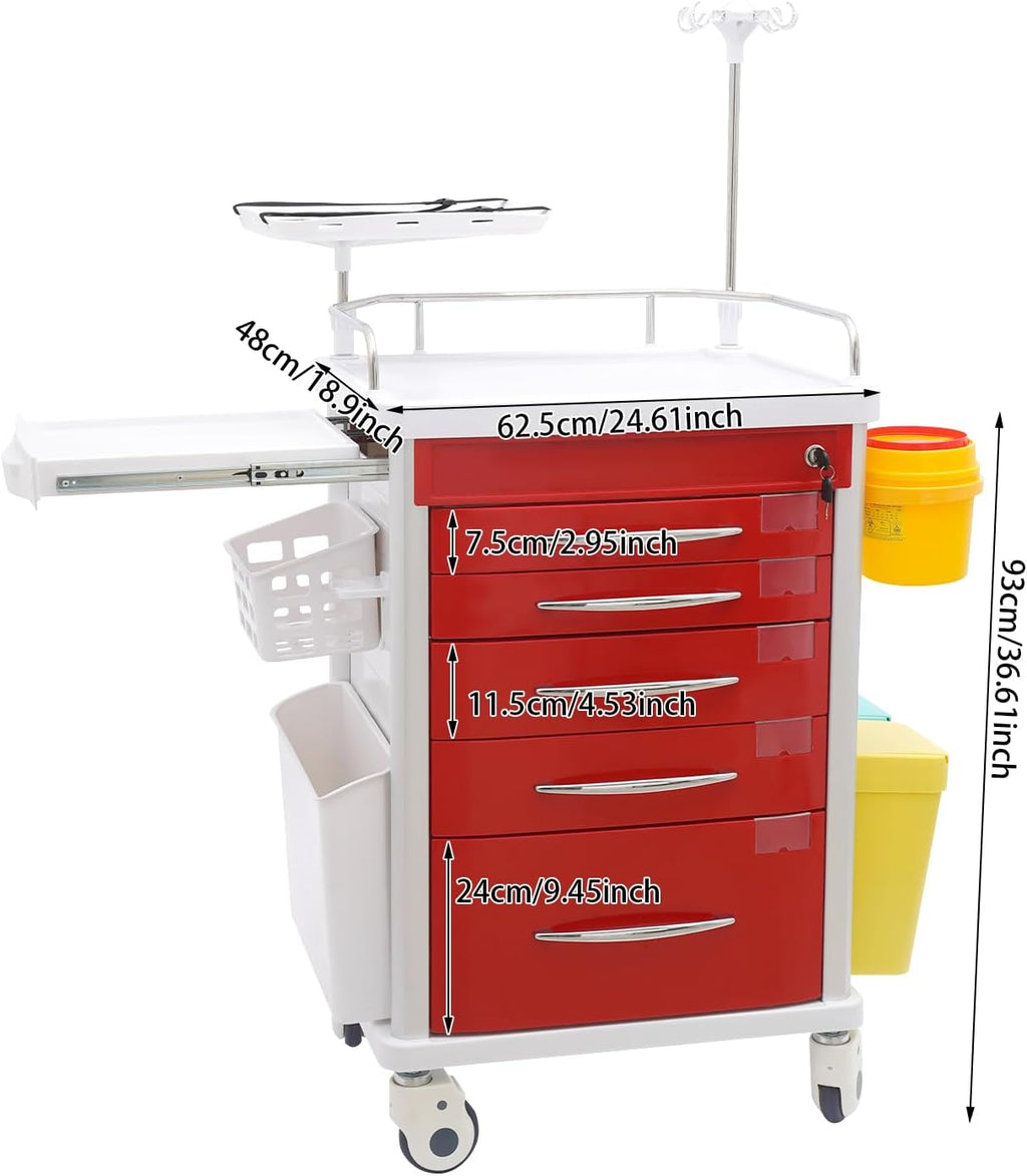 Medical Rolling Crash Cart with 5 Drawers, ABS & Aluminum, 176 lbs Capacity, Includes CPR Board, IV Pole & Power