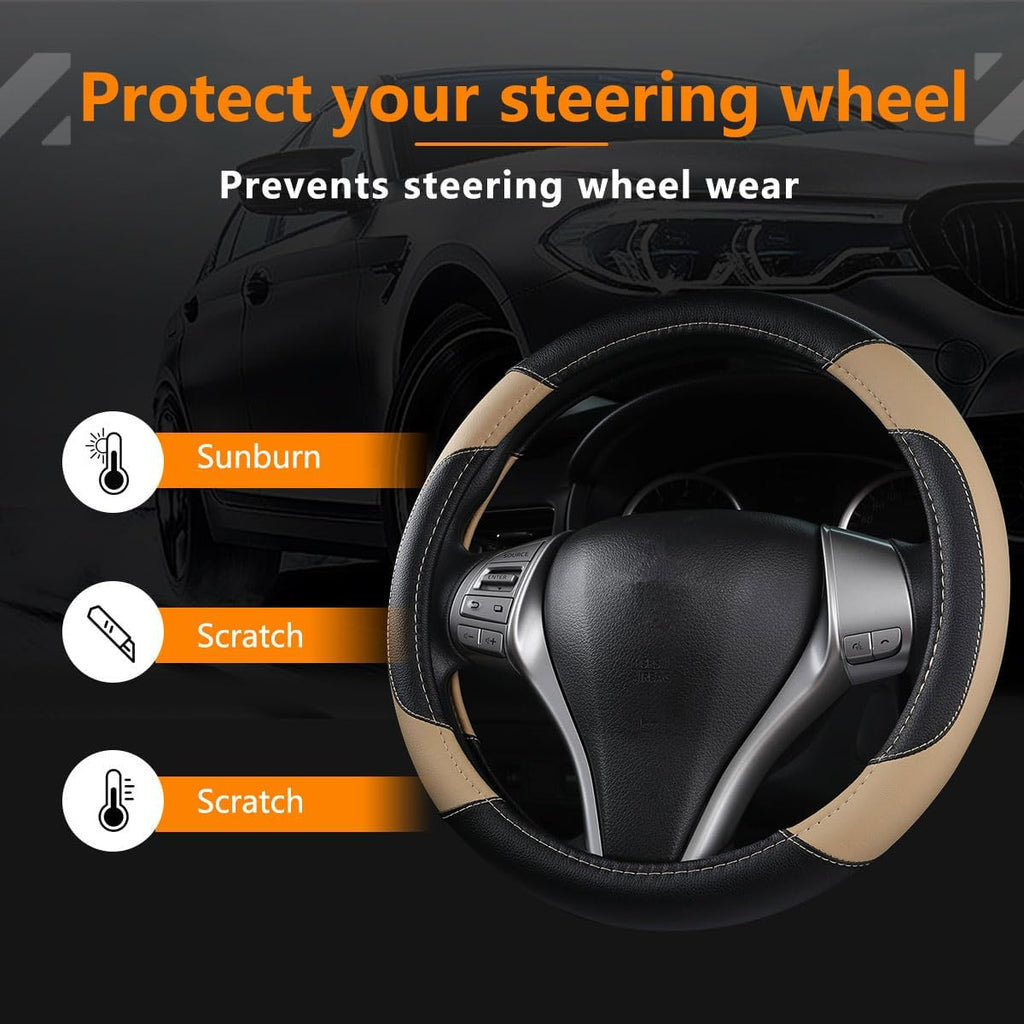 Leather Car Steering Wheel Cover, Non-Slip Car Wheel Cover Protector Breathable Microfiber Leather Universal Fit for