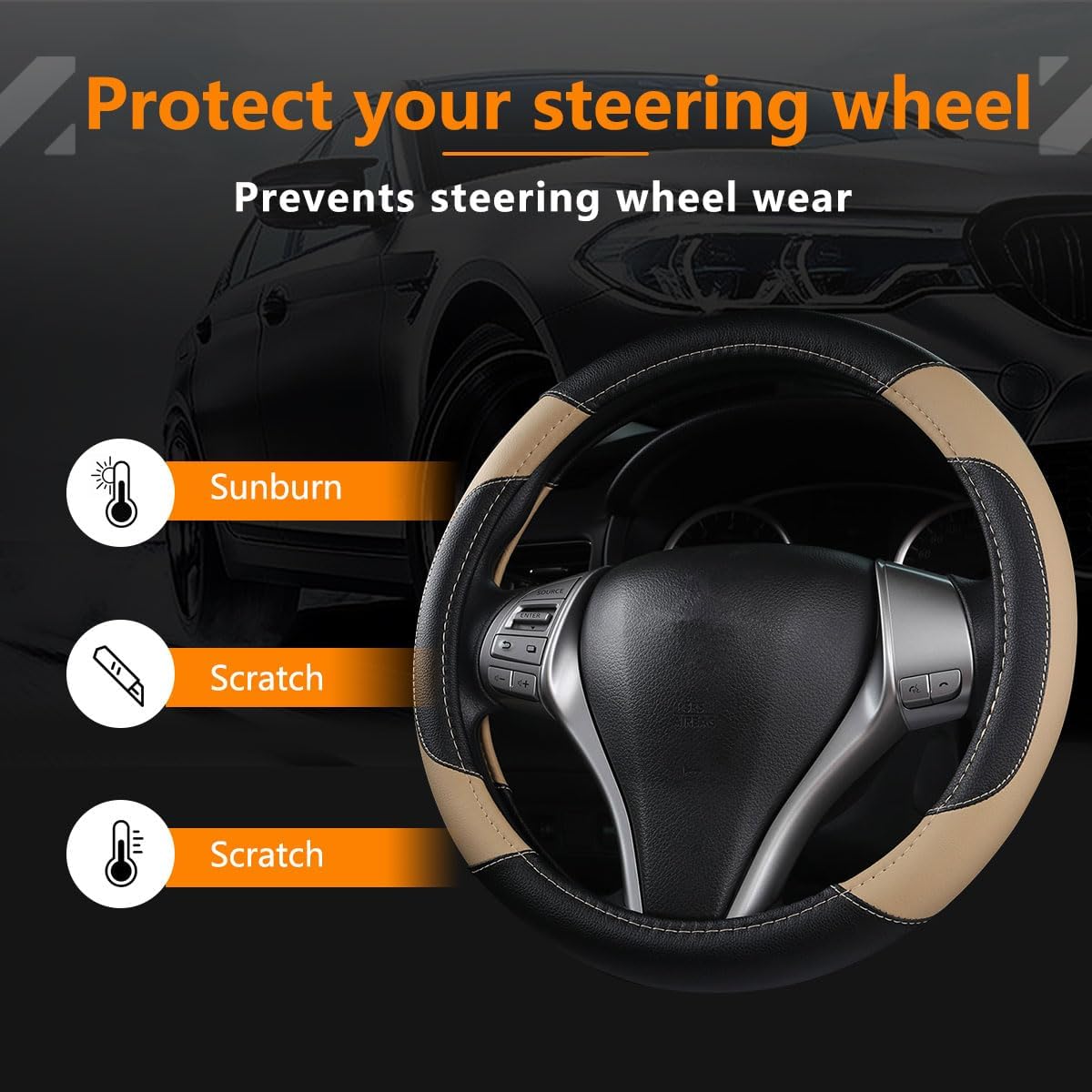 Leather Car Steering Wheel Cover, Non-Slip Car Wheel Cover Protector Breathable Microfiber Leather Universal Fit for