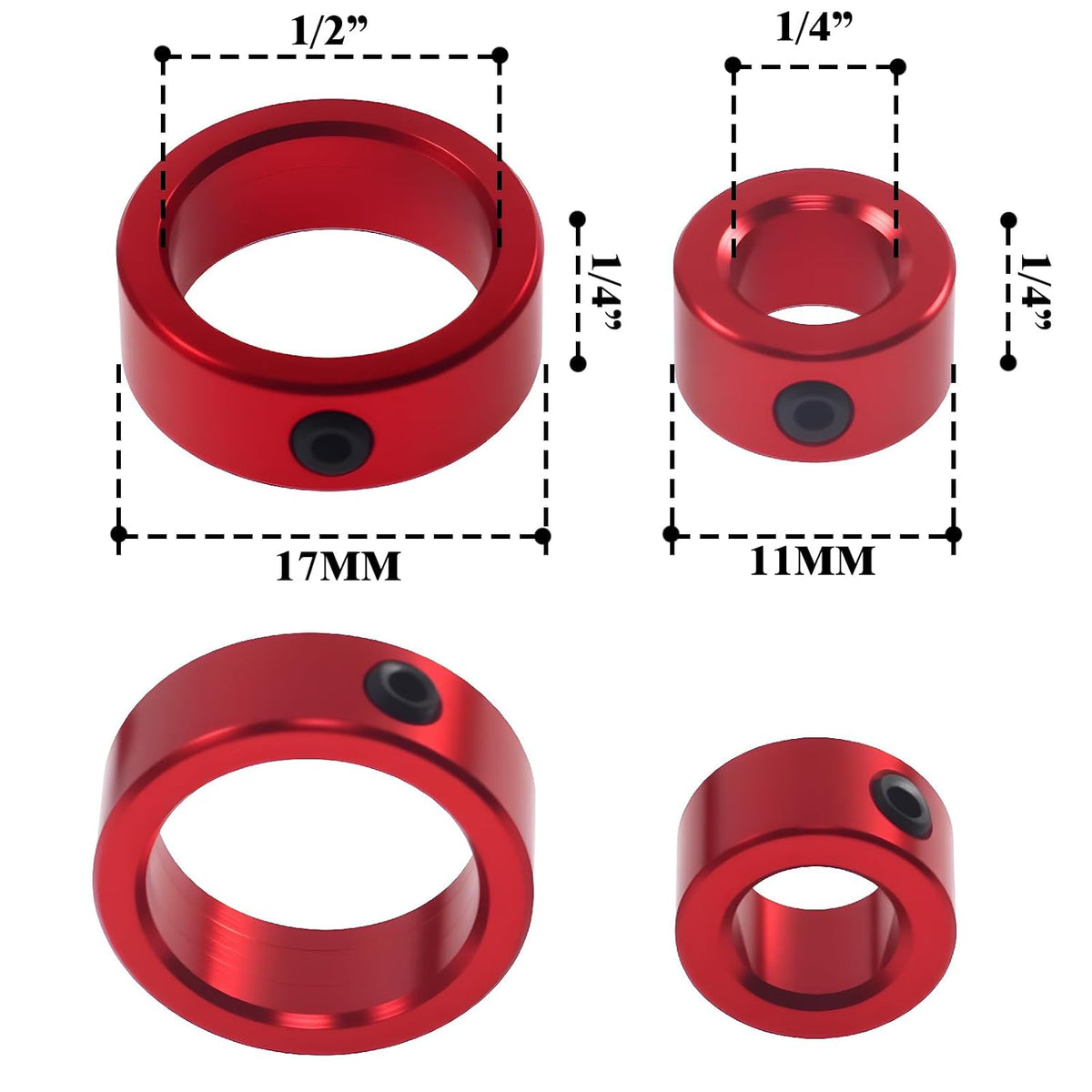 (10-Pack) 1/2" Bore Aluminum Solid Shaft Collars Red Anodized Coating with Set Screws, Durable Shaft Collars for Industrial Machinery, CNC, 3D Printer, Linear Motion