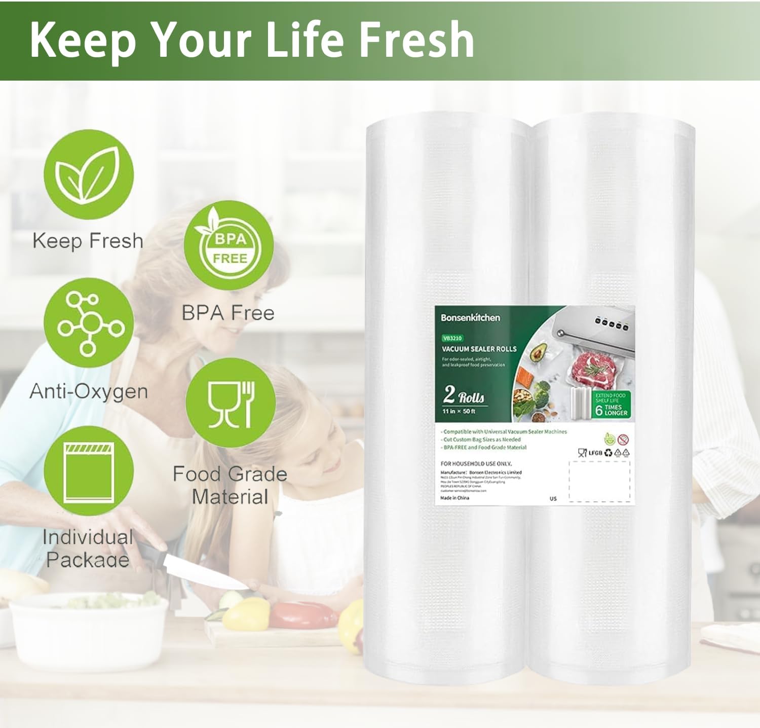 Vacuum Sealer Roll Bags, 600"W x 11"H 2-Pack, BPA-Null, Commercial Grade, Customizable for Food Storage & Sous Vide