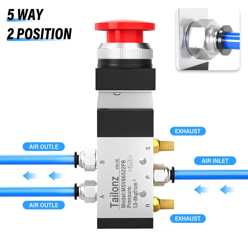 TAILONZ PNEUMATIC 1/4”NPT Automatic reset type Push Button 5 Way 2 Position Pneumatic Control Mechanical Valve