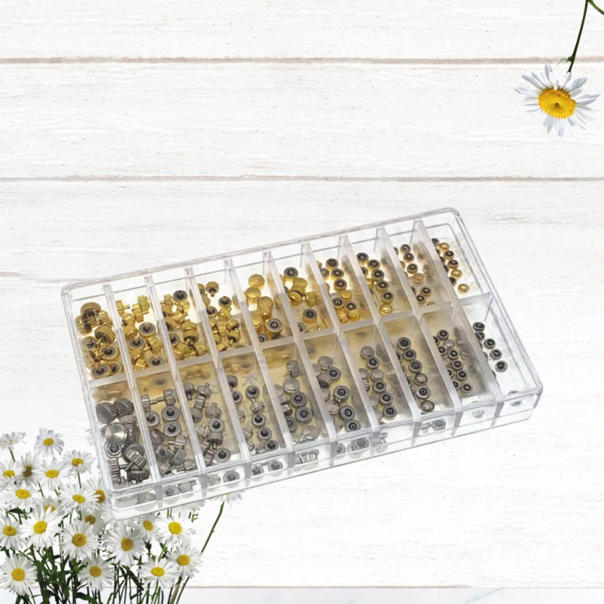 300pcs Watch Crown and Stem Parts Kit, Assorted Dome Flat Crowns