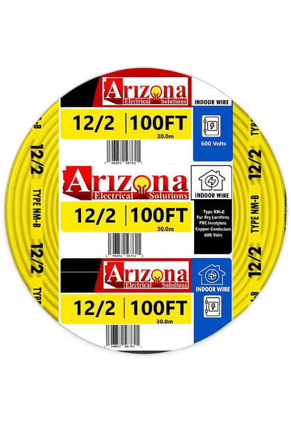 12/2 NM-B Electrical Wire with Ground, 100 ft Coil – 12 AWG Solid Copper, Yellow Non-Metallic Sheathed Cable for Indoor Residential Wiring