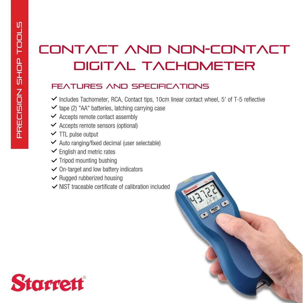 Starrett Contact & Non-Contact Digital Tachometer Kit with Case