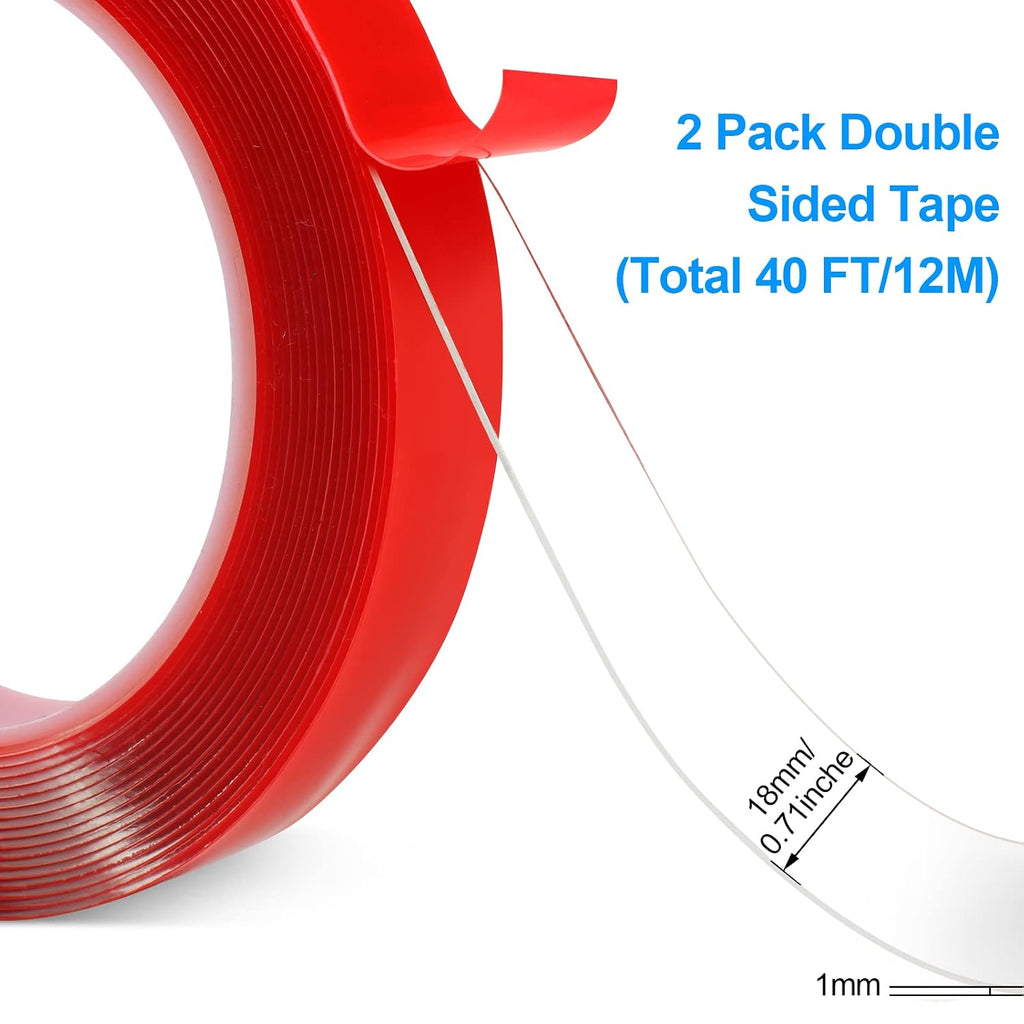 Double Sided Tape 2 Pack Heavy Duty, (3/4" Width, Total 20 FT) Clear Adhesive Waterproof Removable Double Sided