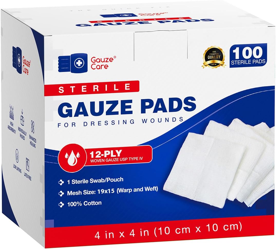 100pc Large Sterile Gauze Pads 4x4 Sterile for Wounds Bulk - 12ply Woven Gauze Sponges 4x4 Sterile - USP IV