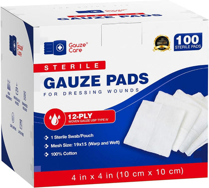 100pc Large Sterile Gauze Pads 4x4 Sterile for Wounds Bulk - 12ply Woven Gauze Sponges 4x4 Sterile - USP IV