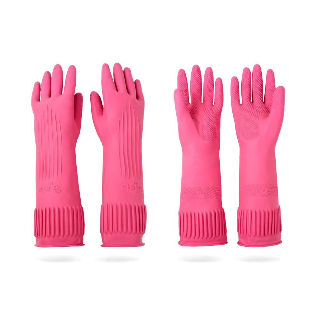 Mamison 2 Pairs Reusable Waterproof Household Dishwashing Cleaning Rubber Gloves, Non-Slip Kitchen Glove (Pink