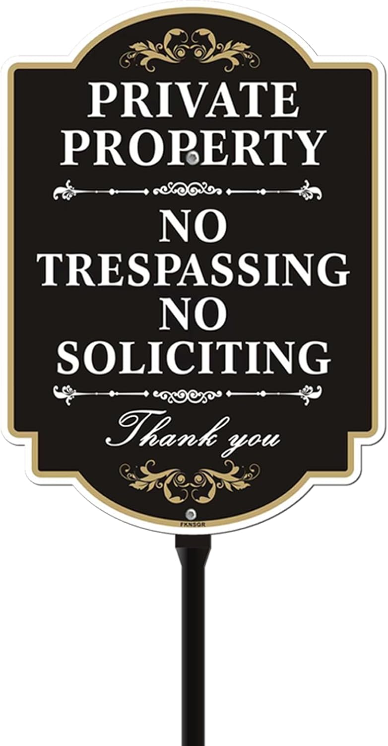 No Trespassing No Soliciting Sign with A Sturdy 35-inch Height Stake | Aluminum 12 x 8 inch Private Property Sign