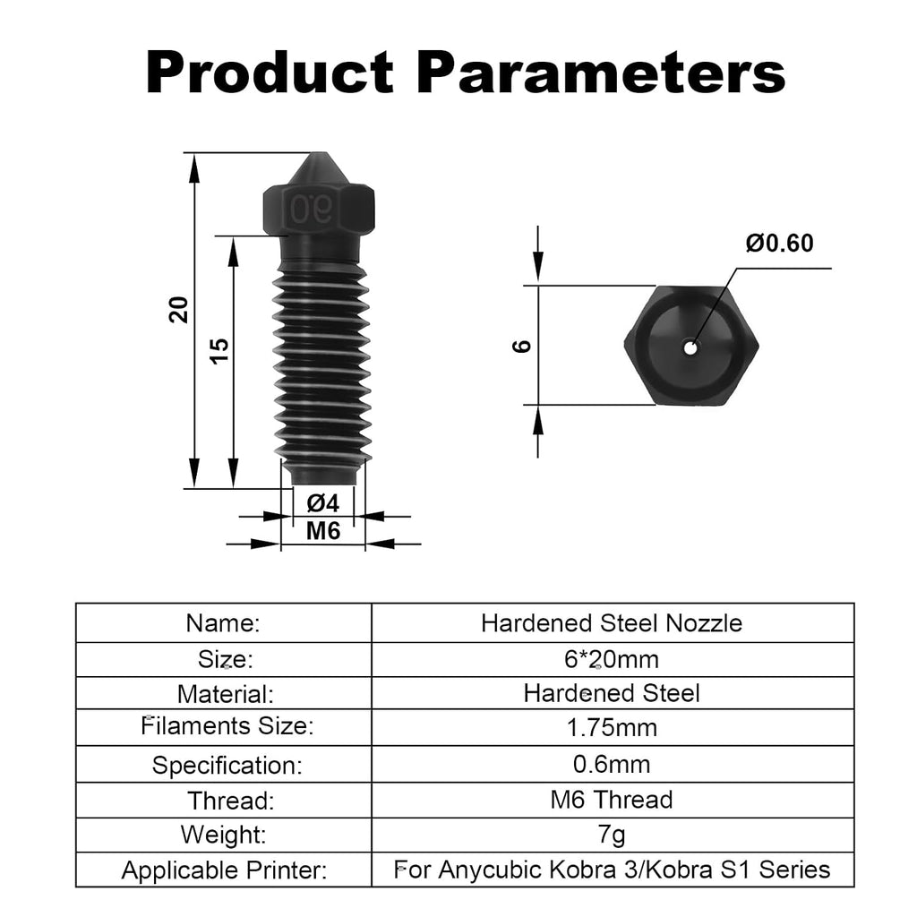 5Pcs 0.6mm Hardened Steel Nozzle for Anycubic Kobra S1/Kobra 3/Kobra 3 V2, 3D Printer Accessories Extruder Hotend