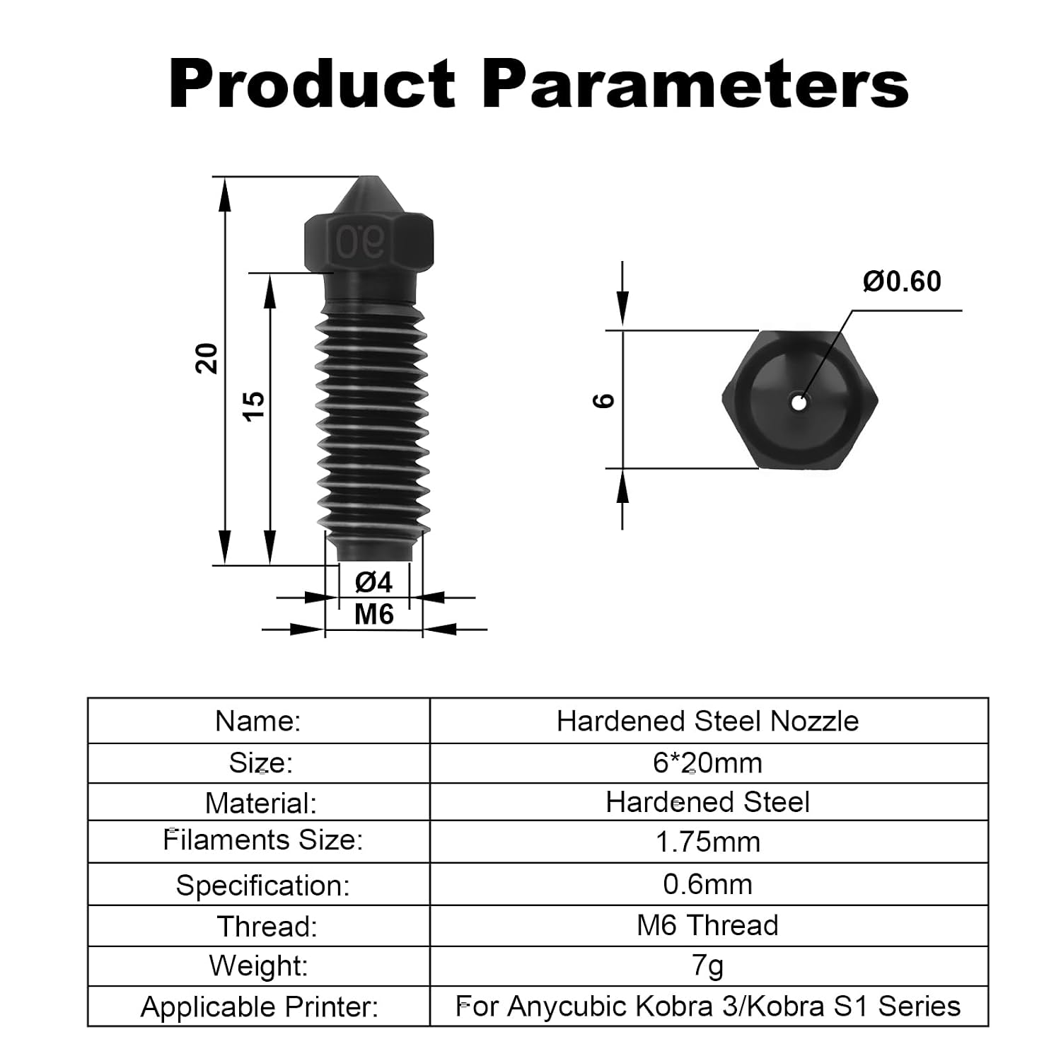 5Pcs 0.6mm Hardened Steel Nozzle for Anycubic Kobra S1/Kobra 3/Kobra 3 V2, 3D Printer Accessories Extruder Hotend