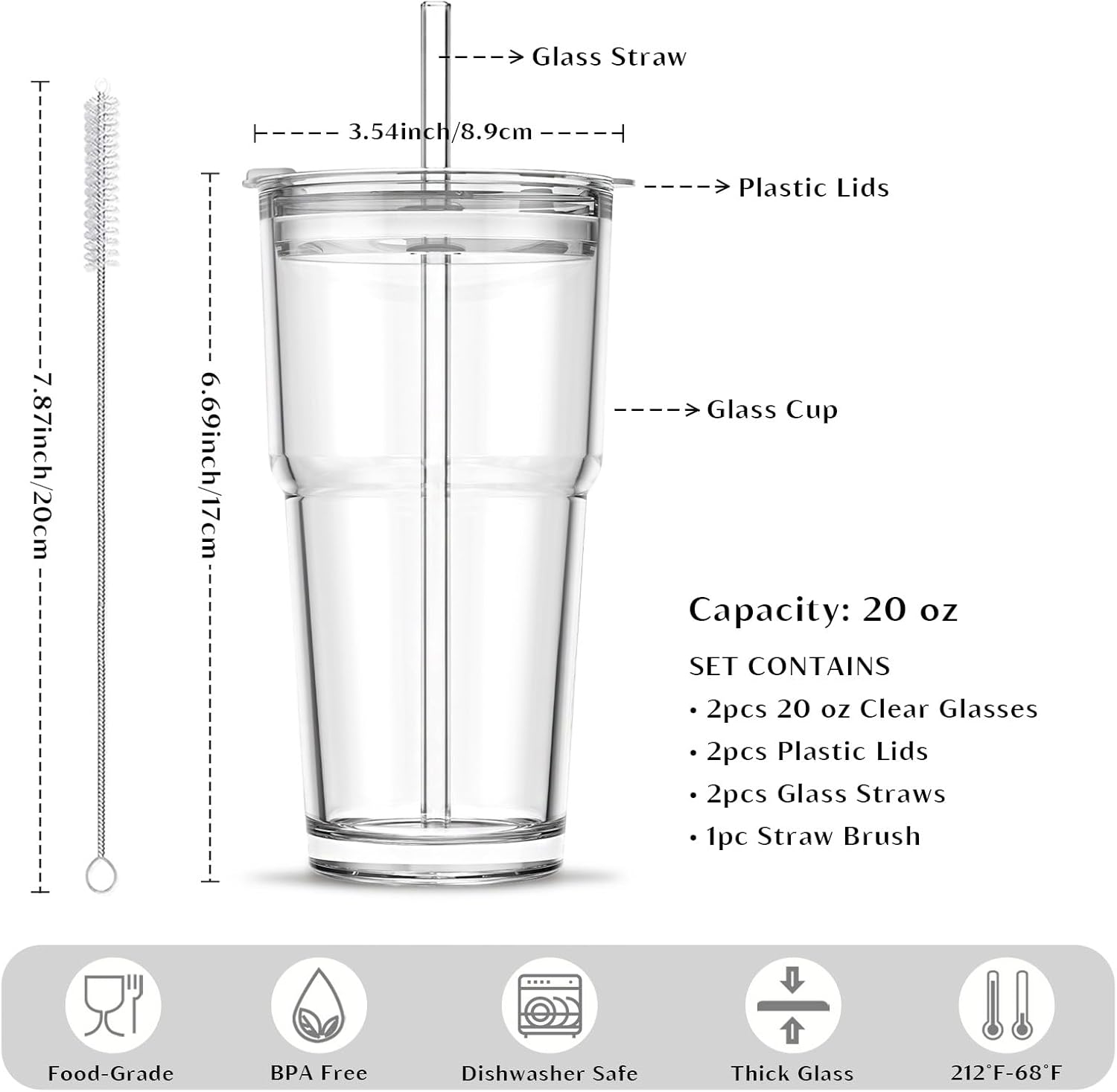 20 oz Clear Glass Cup with Lid and Glass Straw, Set of 2 Thickened Glass Coffee Tumblers, Drinking Glasses with Straw