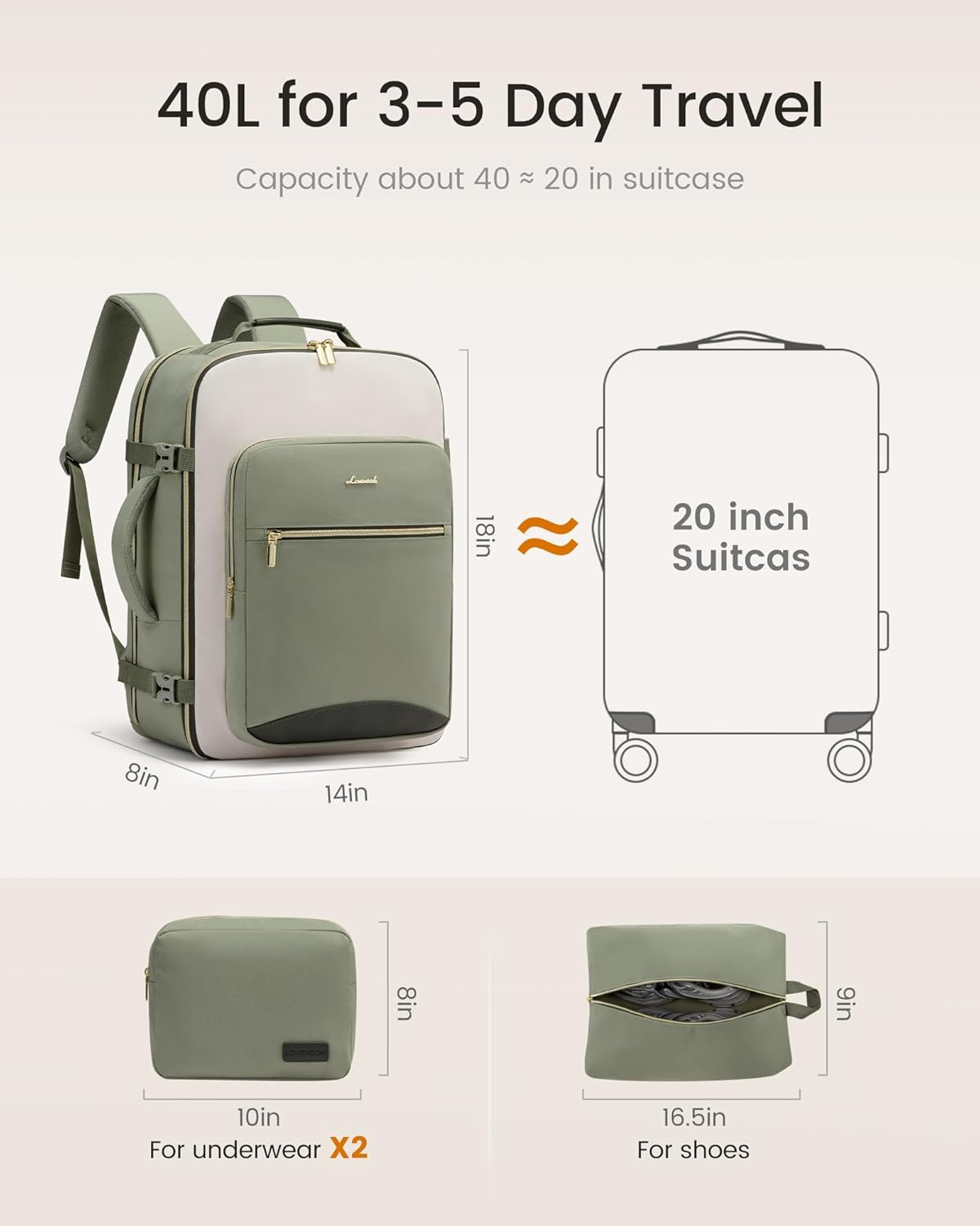 40L Travel Backpack for Women & Men, Airline Approved Carry On Luggage with 3 Packing Cubes, TSA Overnight Bags