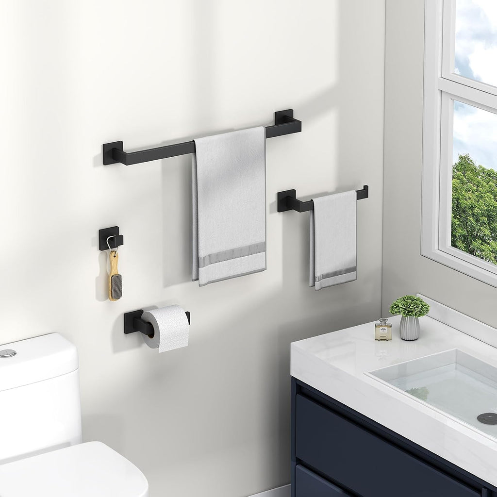Bathroom Hardware Set Matte Black, Bath Accessory Kit 4-Piece | Stainless Steel Bathroom Fixture Set, Includes Robe